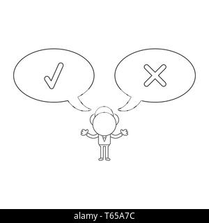 Vector illustration businessman character with speech bubbles and check and x marks. Black outline. Stock Vector