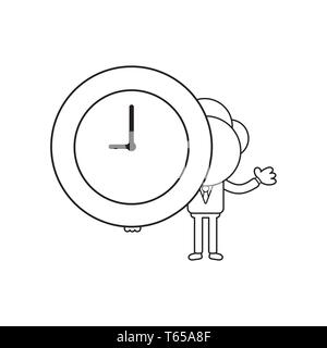 Vector illustration businessman character holding clock time. Black outline. Stock Vector