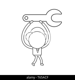 Vector illustration businessman character walking and carrying spanner. Black outline. Stock Vector