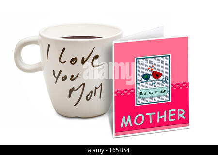 Cup of tea and card with words I love you Mom on table. Mother's Day  celebration Stock Photo - Alamy