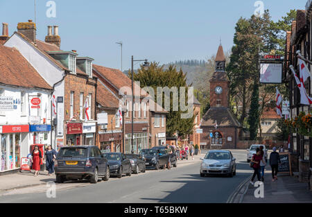 Wendover, Buckinghamshire, England, UK. April 2019. High Street, Wendover in The Chiltern Hills area. A market town with Clock Tower dating from 1842. Stock Photo