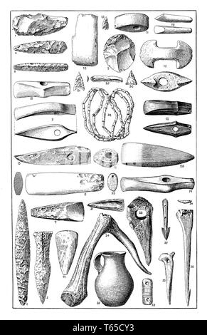 Stone Age tools, jewellery and weapons. Berlin, Royal Museum of Ethnology,   1893 Stock Photo