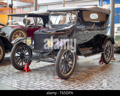 TERRASSA, SPAIN-MARCH 19, 2019: 1923 Ford Model T Touring in the National Museum of Science and Technology of Catalonia Stock Photo