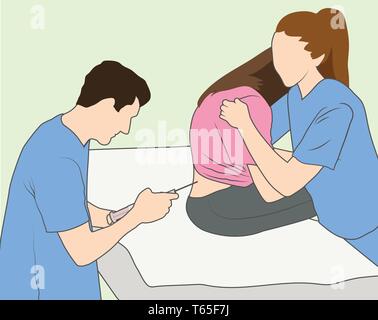 Epidural shot - Nurse comforting pregnant woman - doctor gives Epidural Stock Vector