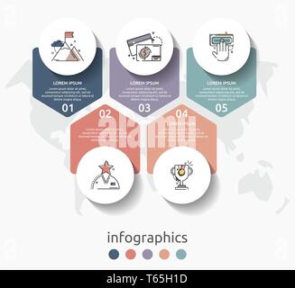 Vector infographic flat template circles for five label, diagram, graph, presentation. Business concept with 5 options and arrows. For content Stock Vector
