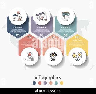 Vector infographic flat template circles for six label, diagram, graph, presentation. Business concept with 6 options and arrows. For content Stock Vector