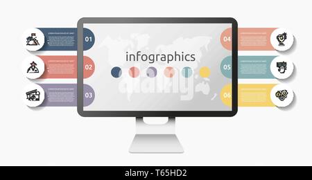 Modern vector concept monitor infographic. Display flat template. Business concept with 6 options for presentation, flow, chart, steps, timeline Stock Vector