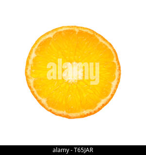 Close up one round thin cut slice of fresh tangerine orange, backlit and isolated on white background Stock Photo