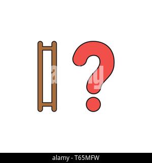 Vector icon concept of wooden ladder without steps and red question mark. Black outlines and colored. Stock Vector