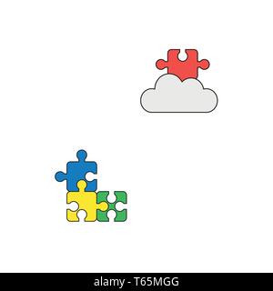 Vector icon concept of blue, yellow, green puzzle pieces connected and missing red puzzle piece on cloud. Black outlines and colored. Stock Vector