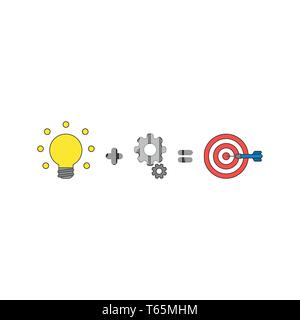 Vector icon concept of yellow glowing light bulb plus gears equals bulls eye with dart in the center. Black outlines and colored. Stock Vector