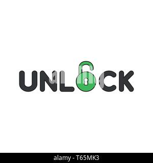 Vector icon concept of black unlock text with green opened padlock. Black outlines and colored. Stock Vector