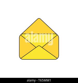 Vector icon of yellow opened mail envelope. Black outlines and colored. Stock Vector