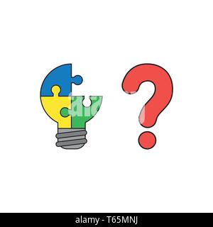 Vector icon concept of blue, yellow and green pieces light bulb puzzle missing piece with red question mark. Black outlines and colored. Stock Vector
