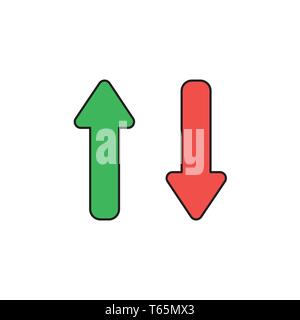 Vector icon concept of two arrows pointing up and down in green and red colors. Black outlines and colored. Stock Vector