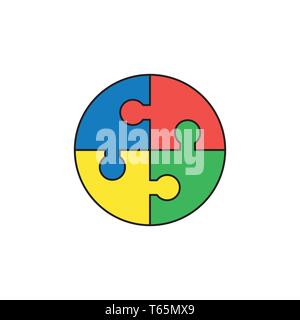Vector icon concept of circle shape blue, red, yellow and green puzzle pieces connected. Black outlines and colored. Stock Vector