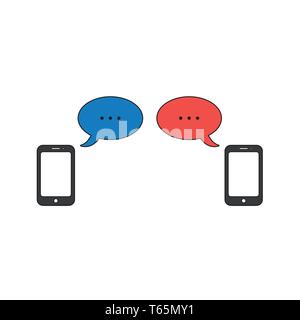 Vector icon concept of two smartphones with two speech bubbles with three points symbolizing talking. Black outlines and colored. Stock Vector