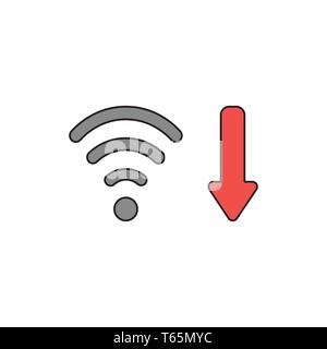 Vector icon concept of wifi wireless with red arrow moving down symbolizing bad, slow internet connection. Black outlines and colored. Stock Vector