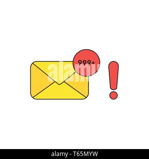 Vector icon concept of closed envelope email and lot of junk spam emails with red exclamation mark. Black outlines and colored. Stock Vector