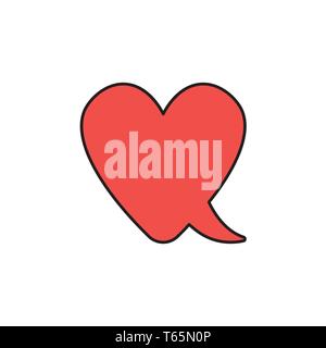 Vector icon concept of red heart-shaped speech bubble. Black outlines and colored. Stock Vector