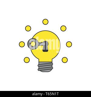 Vector icon concept of key unlocking yellow light bulb idea glowing. Black outlines and colored. Stock Vector