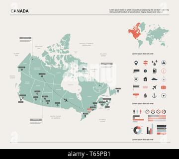 Vector map of Canada. High detailed country map with division, cities and capital Ottawa. Political map,  world map, infographic elements. Stock Vector