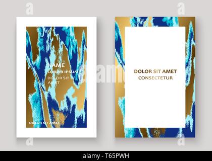Navy blue marble luxurious texture paint artistic, wedding invitation design. Decorative splash fluid on golden background, vector Illustration. Trend Stock Vector