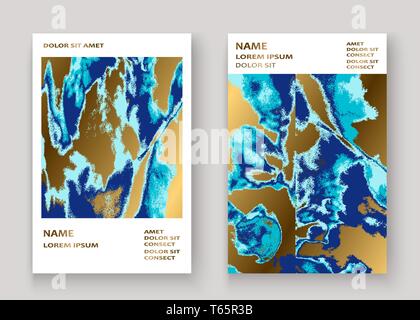 Navy blue marble luxurious texture paint artistic, wedding invitation design. Decorative splash fluid on golden background, vector Illustration. Trend Stock Vector