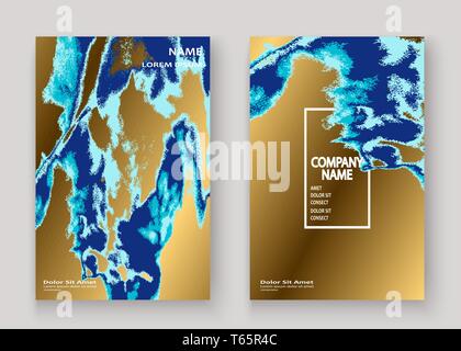 Navy blue marble luxurious texture paint artistic, wedding invitation design. Decorative splash fluid on golden background, vector Illustration. Trend Stock Vector