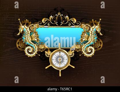 Antique, blue banner with mechanical seahorse and brass gears on brown wooden background. Stock Vector