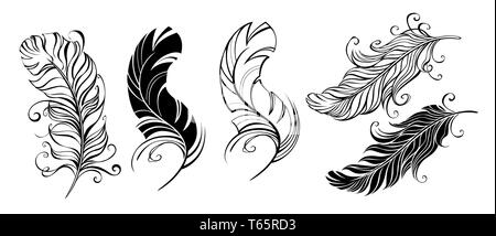 Set of artistic, fluffy, black, bird feathers on white background. Tattoo style. Stock Vector