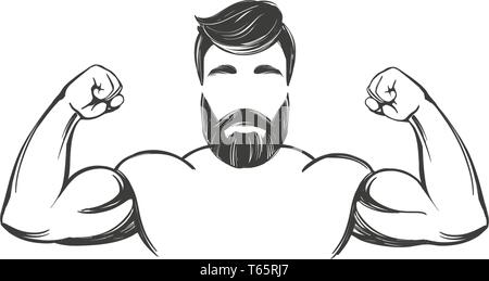 arm, bicep, strong Bearded man hand drawn vector illustration realistic sketch Stock Vector