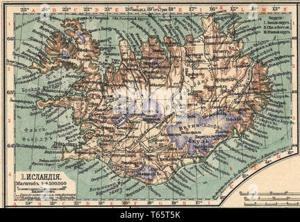 Map of the Iceland New table atlas A.F. Marcks St. Petersburg, 1910 Stock Photo