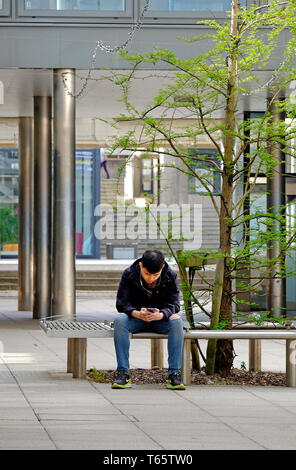 student using mobile phone sitting on outdoor seat, uea, norwich, norfolk, england Stock Photo