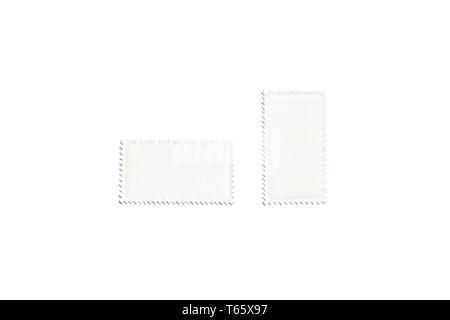 Blank white vertical and horizontal rectangular postage stamp mock up isolated, depth of field, 3d rendering. Empty poststamp mockup, top view. Clear  Stock Photo