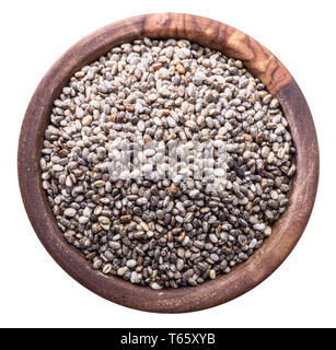 Chia seeds in wooden bowl isolated on white background. File contains clipping path. Stock Photo