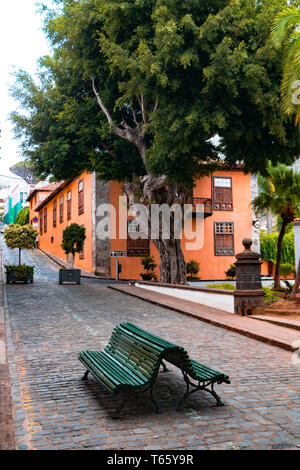 A small view of the main square in Icod de los Vinos, Tenerife. This town has typical canarian culture architecture. Stock Photo