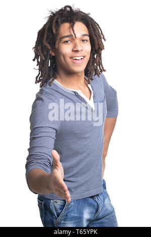 Portrait of smiling teenage boy posing on white background Stock Photo