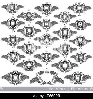 Big set of shields different forms with wings, wreath and vintage element. Vector heraldic design elements Stock Vector