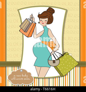 baby announcement card with beautiful pregnant woman on shopping Stock Photo