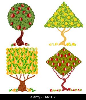 Four fruit abstract trees on white Stock Vector