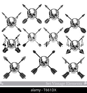 Set of front view skulls without lower jaw with different crossed arrows. Vector heraldic design elements isolated on white Stock Vector