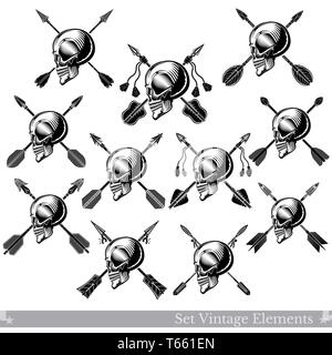Set of side view skulls with lower jaw with different crossed arrows. Vector heraldic design elements isolated on white Stock Vector