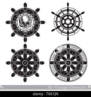 Skull of different ship wheels with cord, chain and skull. Marine vintage vector labels on white Stock Vector