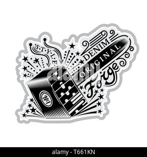 Vector element for t-shirt or print design with blacksmithing hammer with flying out sparkles in red-blue color style Stock Vector