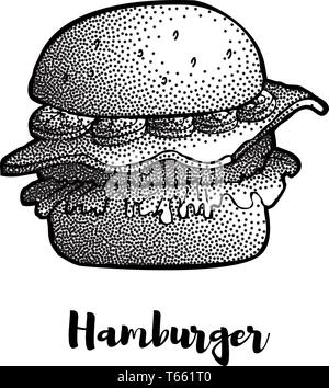 Hand Drawn Illustration of Hamburger, Cheeseburger, Burger Stock Vector