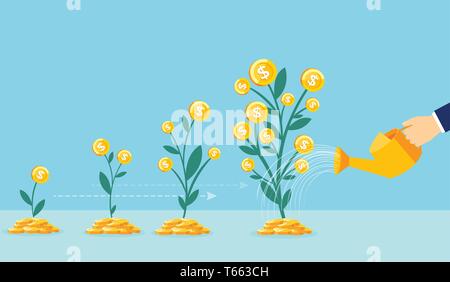 Business growth concept. Vector of a business man hand with pot watering profitable money tree Stock Vector