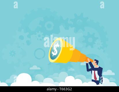 Vector of a businessman looking through a telescope searching for financial opportunity. Stock Vector