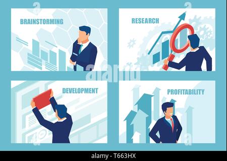 Presentation business slide templates for websites or mobile apps. Vector of a successful businessman brainstorming for new profitable opportunities. Stock Vector