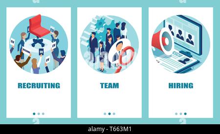 Recruitment process service concept. Vector set of business people applying being recruited for a vacant job position using modern technologies Stock Vector